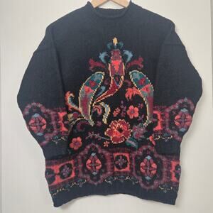 Vintage Laura Ashley Chunky Knit Wool Sweater Size S Black Floral Embroidery